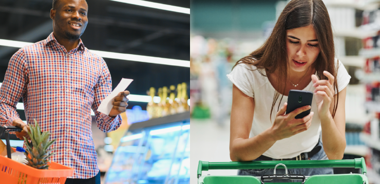 Na imagem há um homem segurando um cupom fiscal impresso ao lado de uma mulher segurando um smartphone para visualizar seu cupom fiscal digital